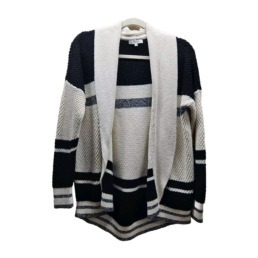 MADEWELL Womens White And Black Stripe Knit Open Front Cardigan Small
